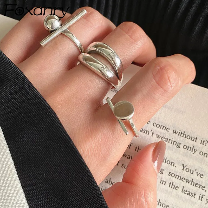 Foxanry strieborné farby Rings New Fashion Party šperky vintage kúzlo dvojvrstvové geometrické darčeky na dizajn nechtov