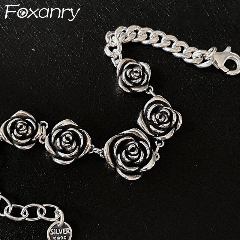 Foxanry Vintage Punk Rose Flower Retian Náramok Náramok Kúzlo Ženy Dievča Nová móda Kreatívna geometrická ručne vyrábaná párty Darčeky šperkov