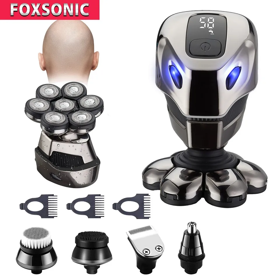 Foxsonic Electric Electric holiaci strojčeka pre mužské zastrihávače Mokré a plešatá hlava Dry Razor 7D vodotesný vodotesný LED displej na holenie