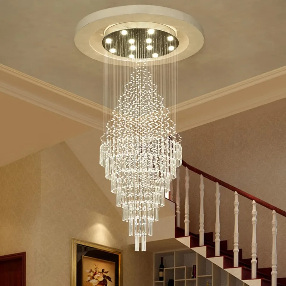 Foyer lustre Vstupný vysoký strop, moderné krištáľové lustr osvetlenie dažďových lustrov schodisko Veľký luster