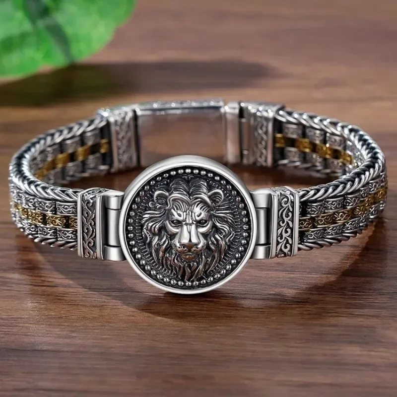 Foyuan strieborná farba Round Lion King King Tangcao náramok mužov Trendy retro dominancia všestranná personalizovaná pletená dámske šperky