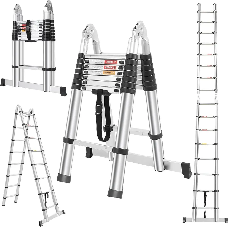 Frame Ladder, 16,5ft hliníkový ľahký predlžovací rebrík s 2 stabilizátormi trojuholníka a kolesami stabilizátorov, viacúčelová CO