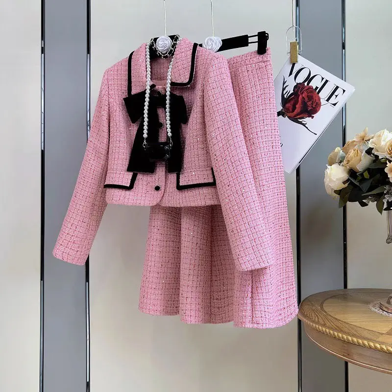Francúzska elegantná jeseň nové ženy Dvojdielne sukne súpravy ružový klopný golier s dlhým rukávom Tweed bunda