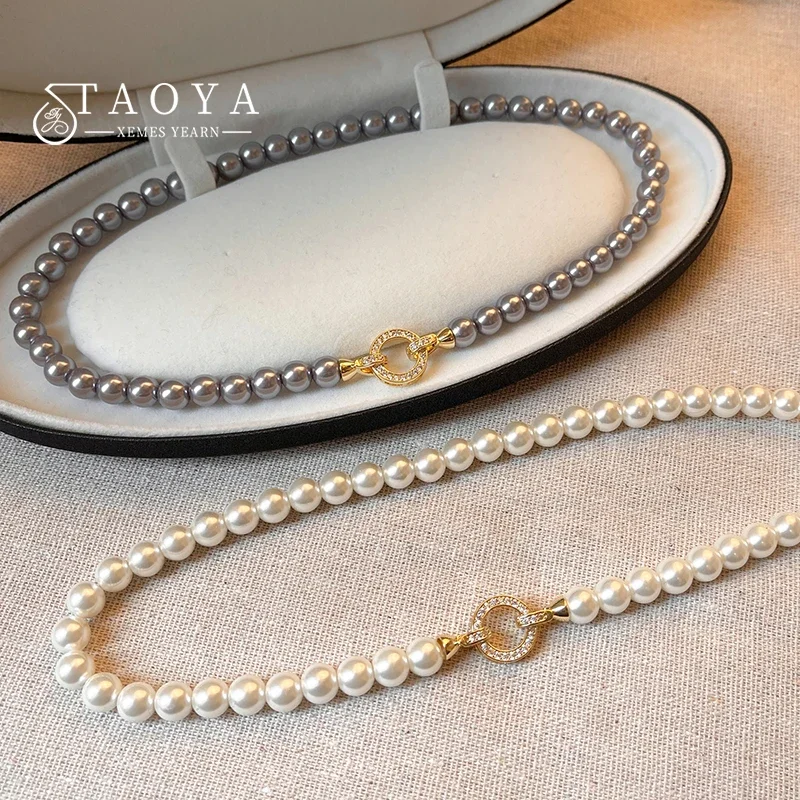 Francúzska elegantná mikro sada zirkónovej okrúhle spona Imitácia perla korálkový náhrdelník pre dámske temperamentné šperky sladké doplnky