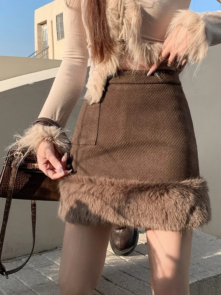 Francúzska módna kožušina sukňa sukne Vysoko kvalitná Pattwork plyšová sukňa Cozy Teplá hustá tuhá farebná sukňa jesenný zimný trend