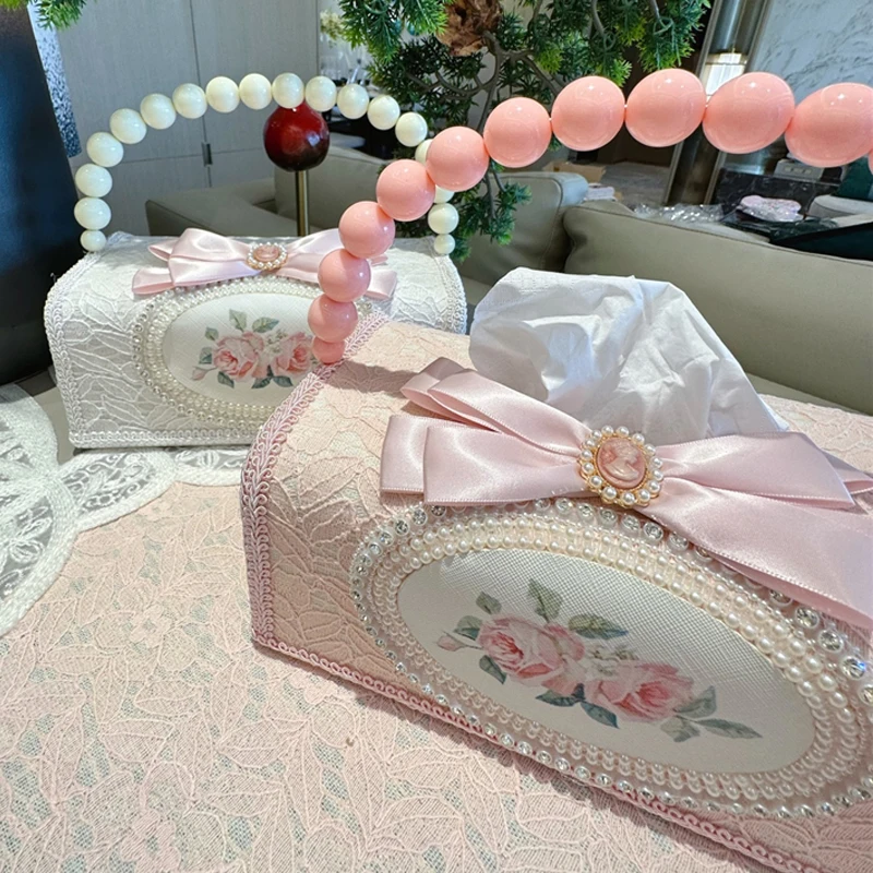 Francúzska tkanivová skrinka Pink retro čipkovaná úložná skrinka Obývacia izba Konferenčný stolík Desktop Ozdoby