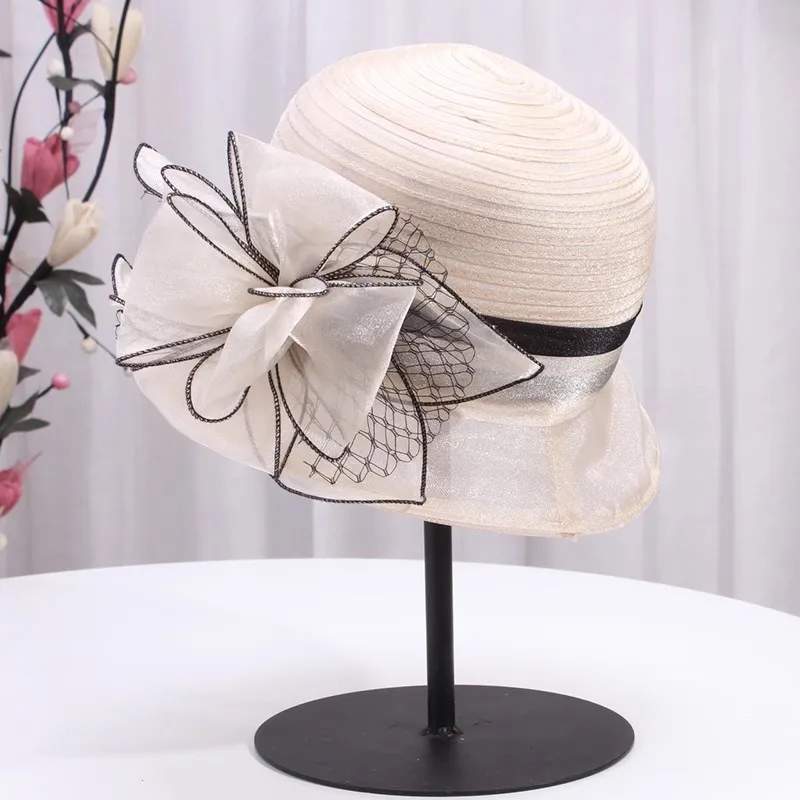 Francúzske britské topánky Ženy Millinery Church Hat Elegant Bow Wide Brim Brock Hats Kentucky Derby Fedora Ženy Summer slnko čiapka