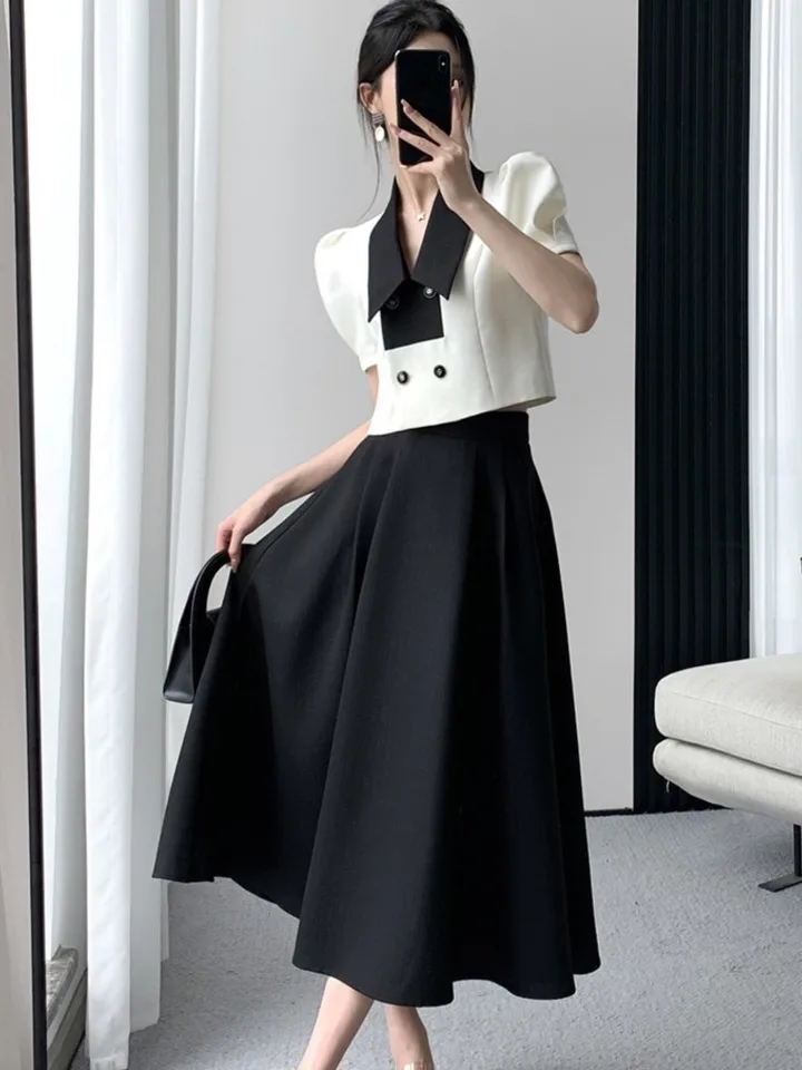 Francúzske elegantné dvojdielne súpravy Vintage Office Lady Puff Ruckve White Crop Top + A Line Black Midi Sucks Suit Summer Summer Outfit