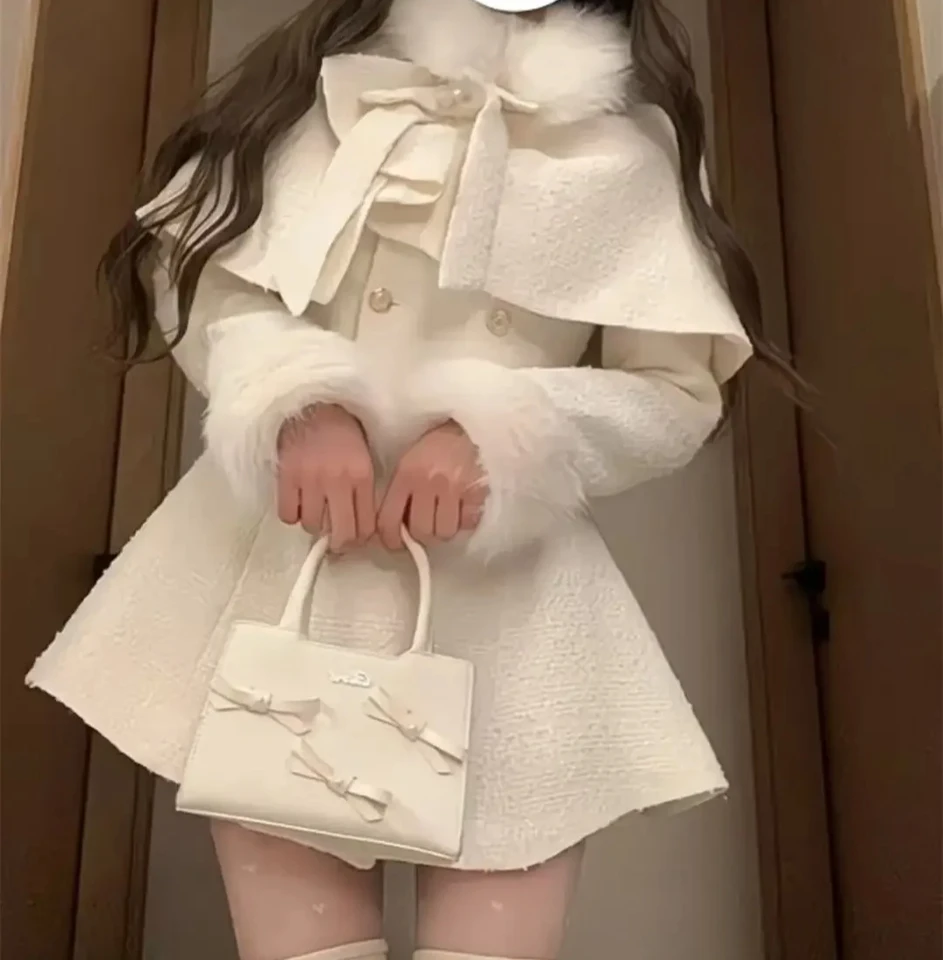 Francúzske elegantné temperamentné kožušinové goliere Bow Cape Shaw + Slim Fit Double-Pleast Dress 2 PCS Sety Zimné plyšové ženy Y2K Suits
