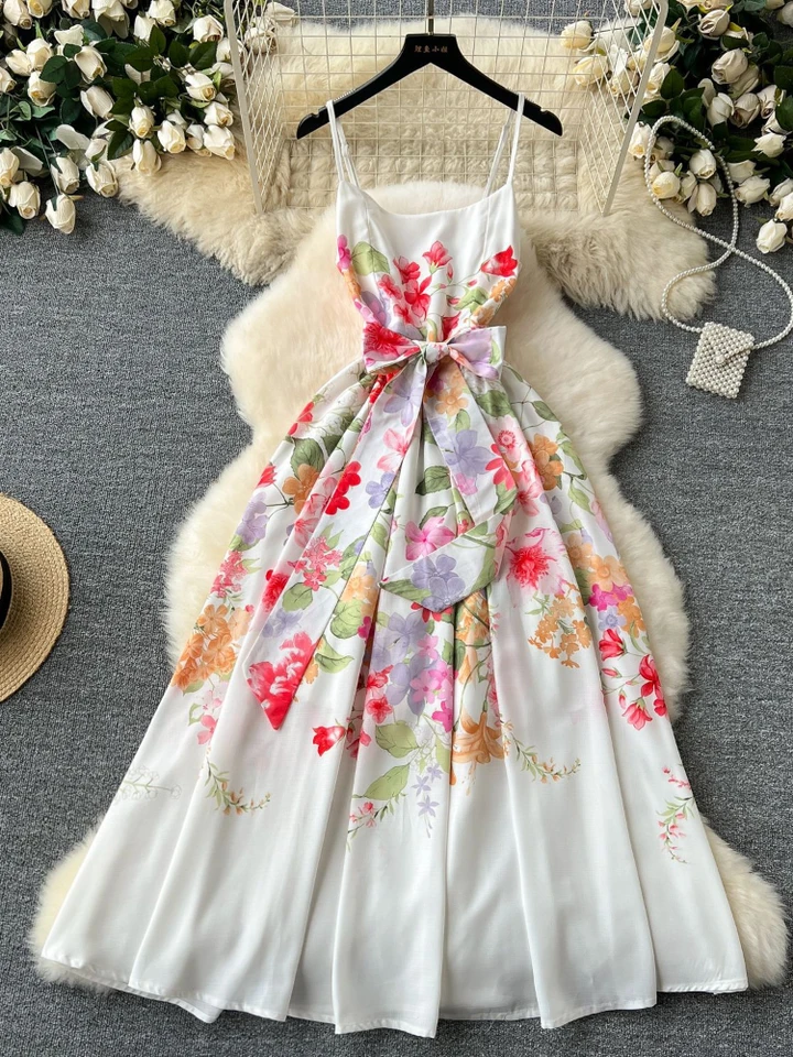 Francúzske kvetinové tlačené šaty Ženy Slim A-Line Summer Party Dresses Dámy bez rukávov Elegantné pláž dlhé rúcho Vestidos