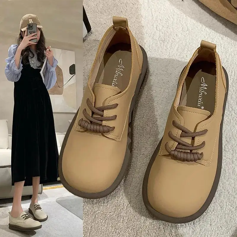 Francúzske ploché topánky Žena retro okrúhle prsty ležérne topánky Slip-On Soft Oxfords Dámska kožená obuv všestranná jarná jeseň