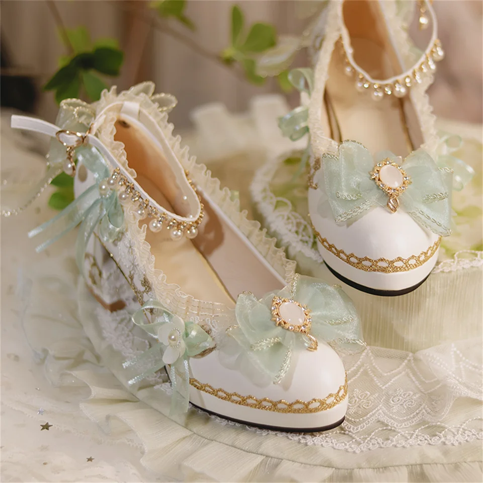 Francúzske vinobranie lolita dievčenské topánky elegantné čajové večierok Palaca Ribbon Bowknot Pearls Gems Lace Lace Poutted Sandále s vysokým podpätkom 5-6 cm