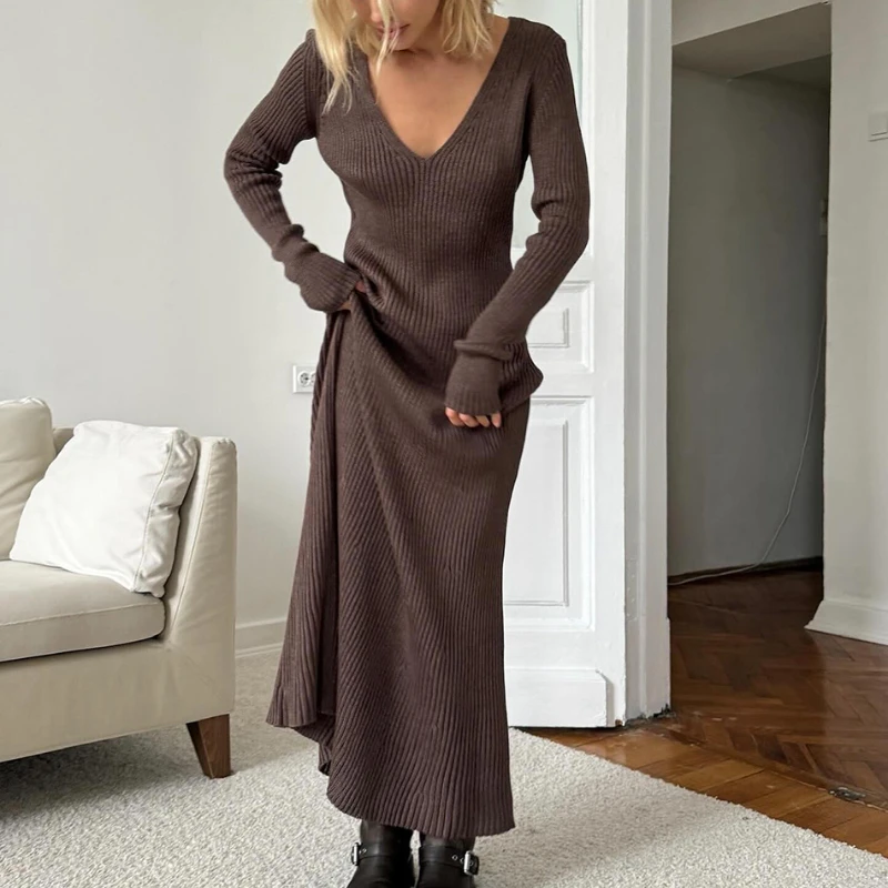 Francúzske šaty Dámske dámske v krku dlhé pletené šaty jesenná zimná zima Warm Sweater Sweater Midi ležérne šaty