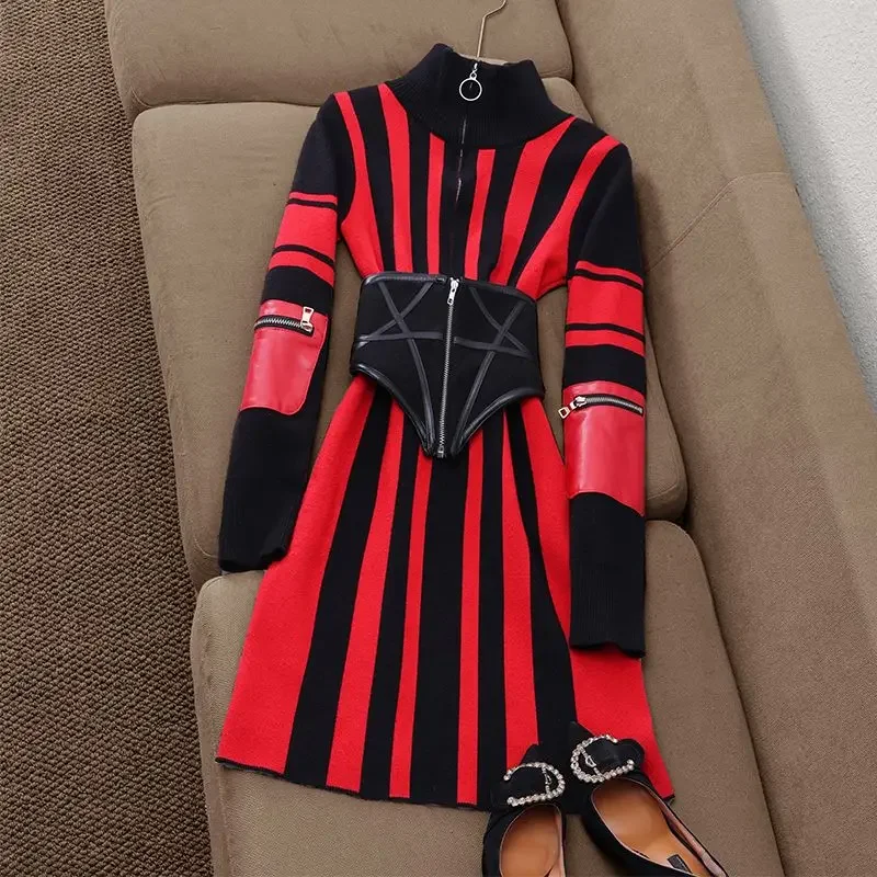 Francúzske štíhle pruhované pletené pletené šaty pre ženy Kórejské elegantné jeseň dlhé rukávy s zipsom midi šaty Vestido feminino U125
