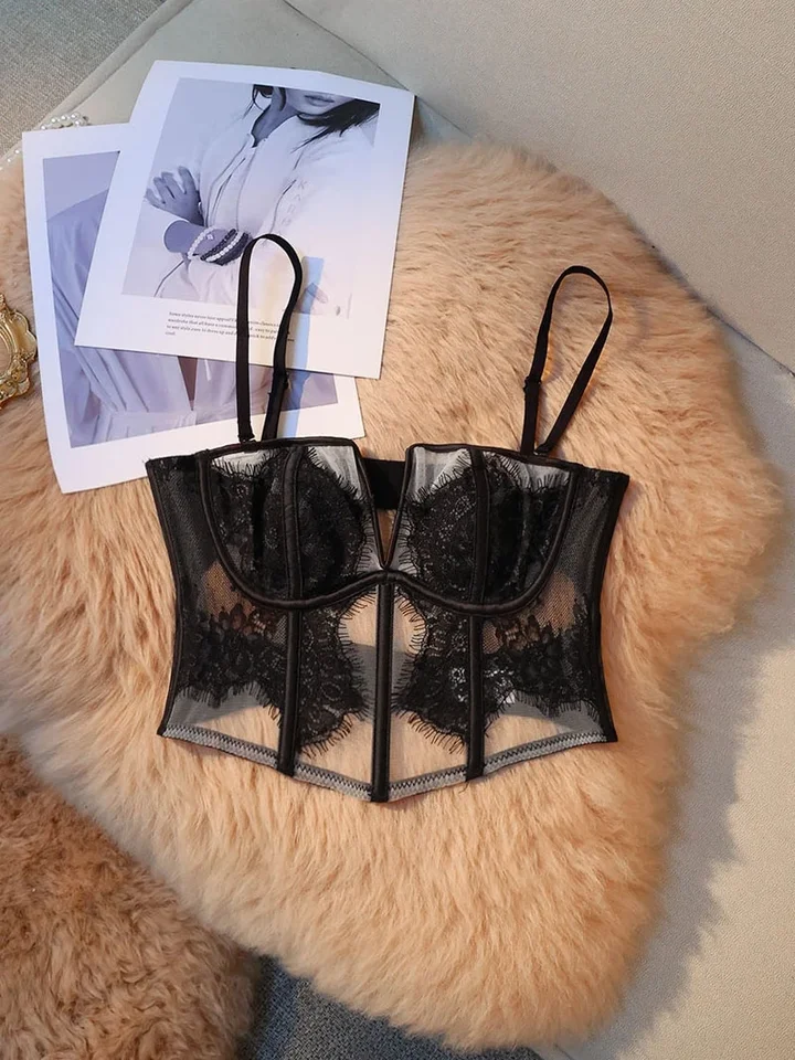 Francúzsky elegantný tank Ženy špagety popruh čipky Lace Patchwork Sexy Camisole Backless bez rukávov bez rukávov rybie kosť korzet Solid Dropshippping