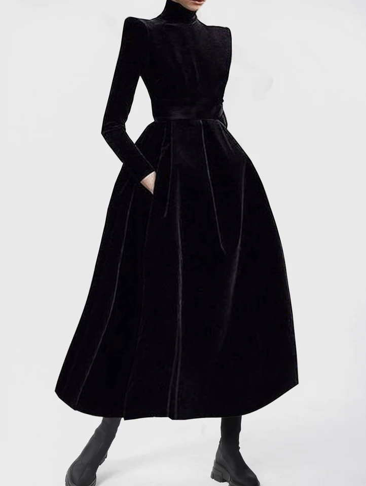 Francúzsky hepburn zamatový čierny midi šaty Ženy Elegantné vysoké krk Dlhý rukáv Sexy Court Retro Evening Party Y2K šaty zima