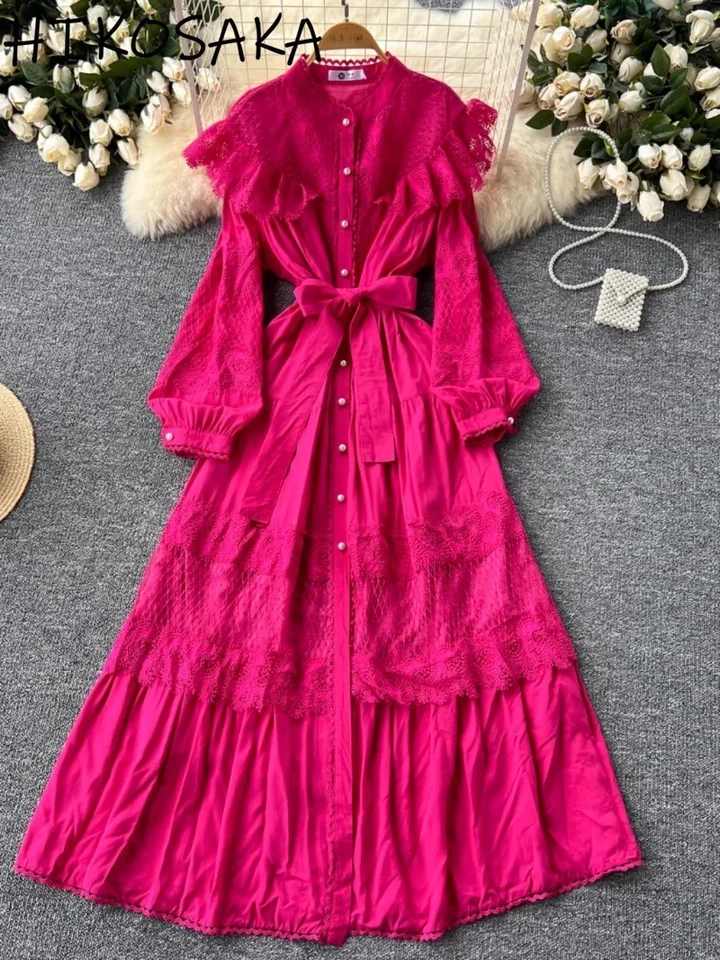 Francúzsky retro súdny štýl čipky vyšívané šaty s dlhým rukávom stojan na obojok s jedným druhovým rúžkovým opaskom Slim PAIST Vestidos