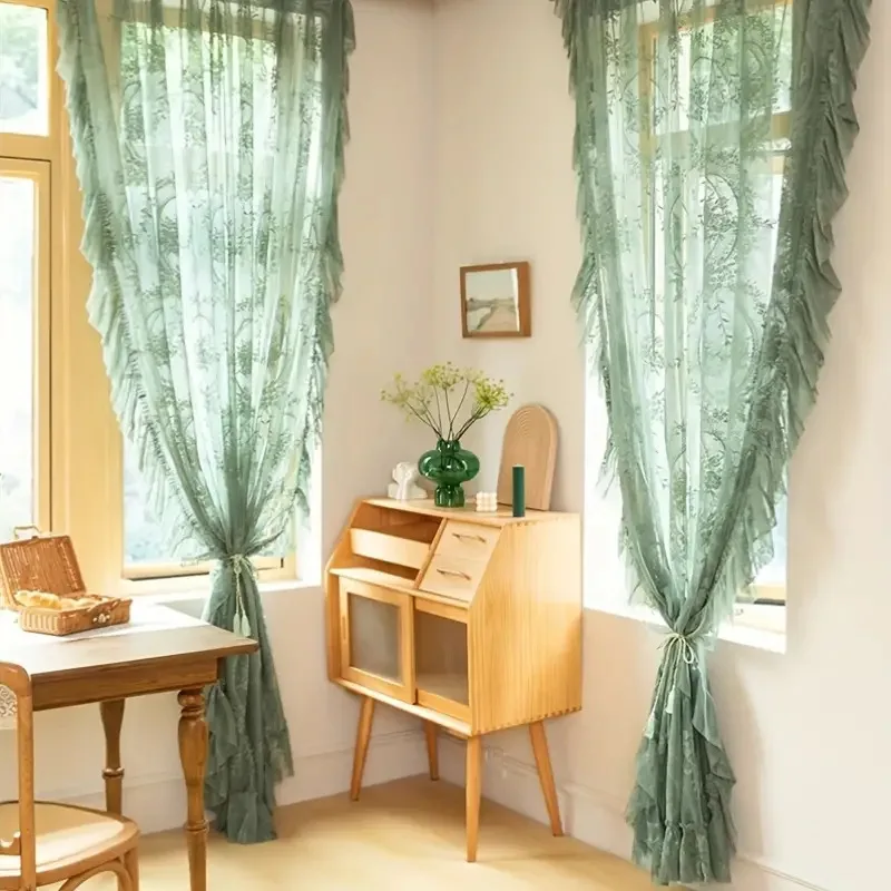 Francúzsky retro zelený šnupaný čipkovaný číry tulle záclony pre dievčatá obývacia izba Kórejská pastoračná kvetinová obrazovka