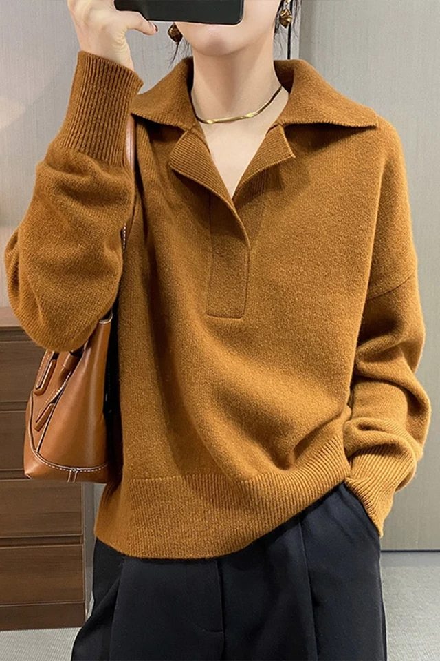 Francúzsky vysokokvalitný temperament pólového pletenia 2024 Jeseň a zima Nový dizajn Sense Wool Loose 100%Cashmere Sveter