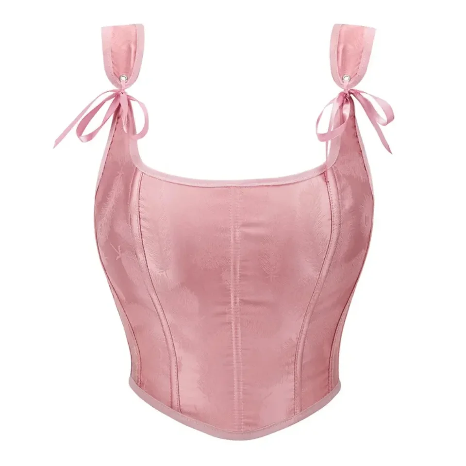 Francúzsky štýl Pink Bustier Dámsky dámsky vrchol sfarbený saténový krátky remienok Vinobranie rybie kosť na hrudi podporuje korzet sexy oblečenie