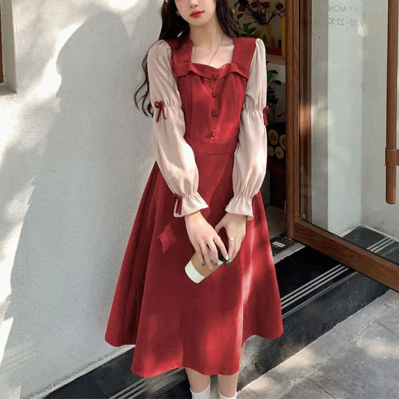 Francúzsky štýl vintage corduroy šaty dámsky sladký luk jar jesenný elegantný štvorcový golier A-line štýlové obväzové šaty midi