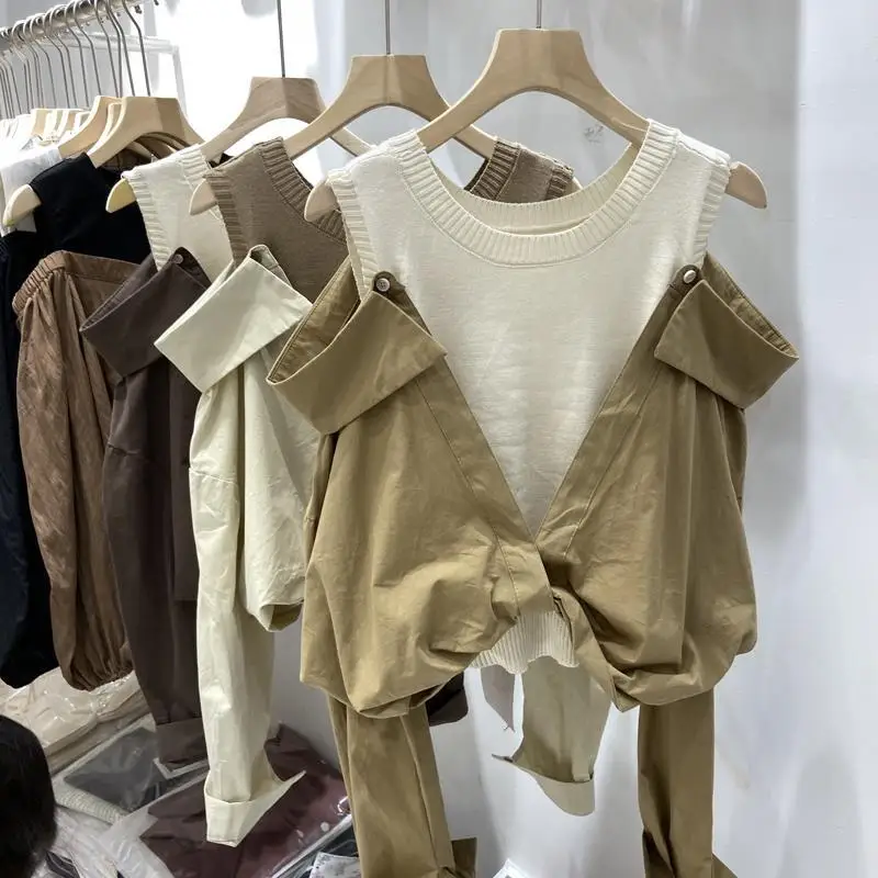 Francúzština z ramena s dlhým rukávom Kink košeľa Dámske jar Spring Nový kórejský okrúhly krk pletacia vesta Patchwork falošné dva kusy vrcholy