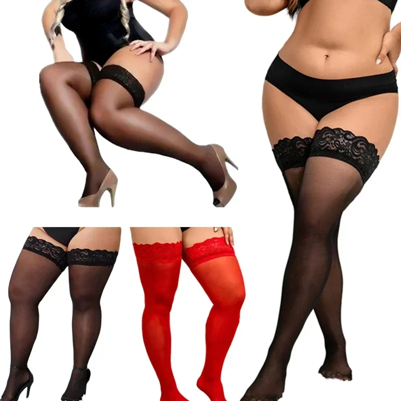 Freeauce Nadmerné ženské čipkové pančuchy plus veľkú veľkosť rybie siete čierne pančuchy sexy elastické dlhé kolenné stehná vysoké ponožky 3xl xxxxl