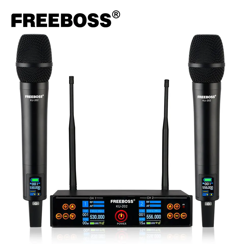 FreeBoss Nabíjateľný bezdrôtový mikrofón 2 Cesta UHF nastaviteľná frekvencia EQ Profesionálny duálny mikrofón pre karaoke Performance KU-202