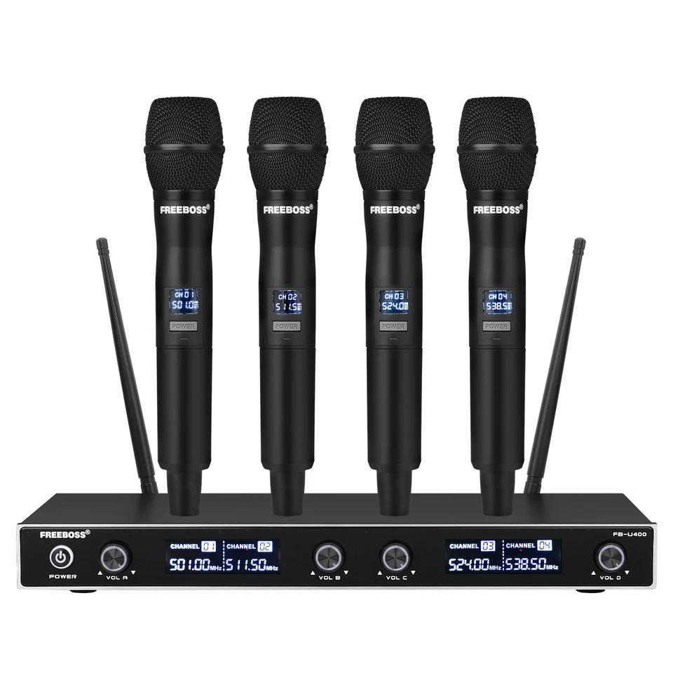 FreeBoss UHF Fixná frekvencia Karaoke Profesionálny bezdrôtový mikrofónový rádiový vrecúšok Dynamic 4 kanál bezdrôtový MIC FB-U400