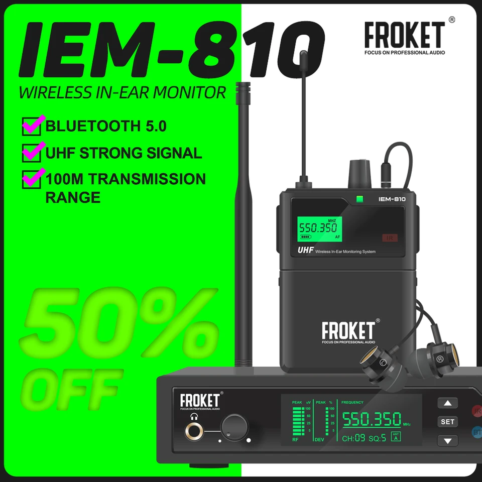 Froket IEM-810 UHF Wireless in-uší monitorovací rozsah 80 m 530-580MHz pre javiskové výkony, nahrávanie, pás, bubeník, kostol