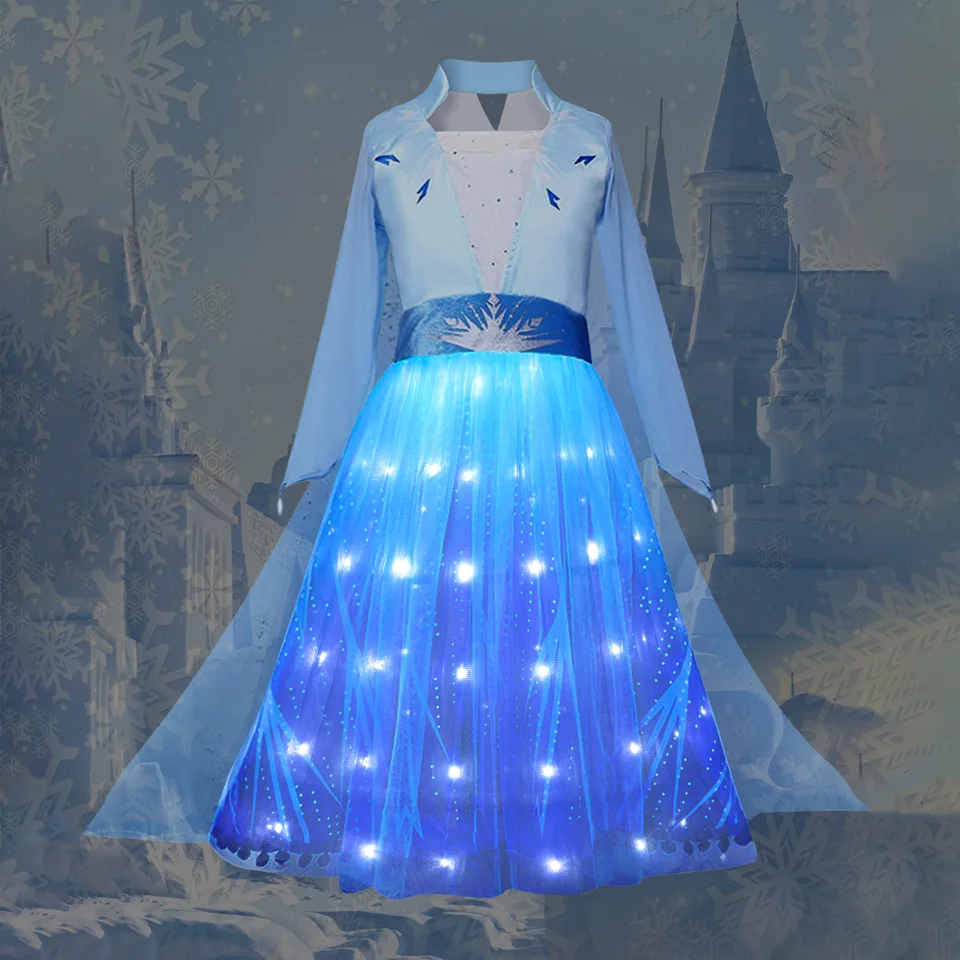 Frozen 2 LED šaty pre dievčatá princezná elsa kostým modrá narodeninová oslava deti sneh kráľovná cosplay cosplay karneval halloweenské oblečenie