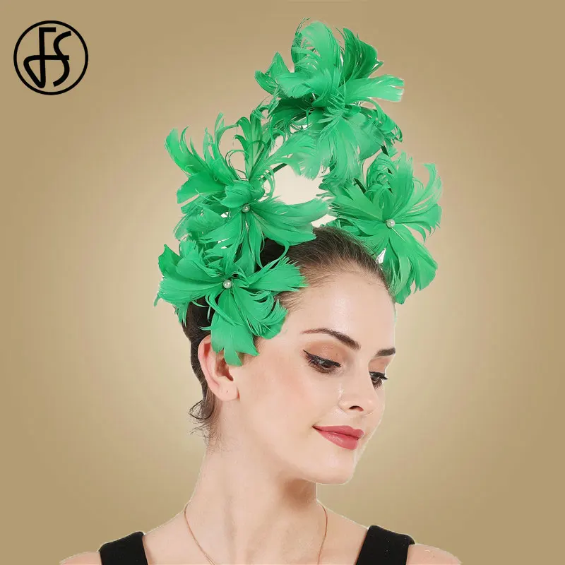 FS Green Fascinatory pre svadobné dámy kostolné klobúky Big Derby Feather Hair Bride Pearl Headera Krásne kvetinové doplnky