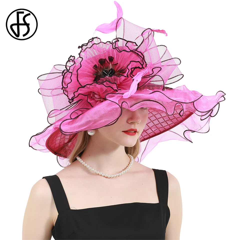 FS Kentucky Derby Hats for Women Rose Red Tea Party Svadobné organza čiapka perie Flower Plaid Fascinator 2025 Široký brim fedoras