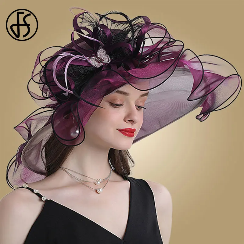 FS Svadobná nevesta široké okrajové fascinátory fedora klobúky pre ženy dámy organza slnečné klobúky kvetinové kvetinové večierky Kentucky kostol fedoras klobúk