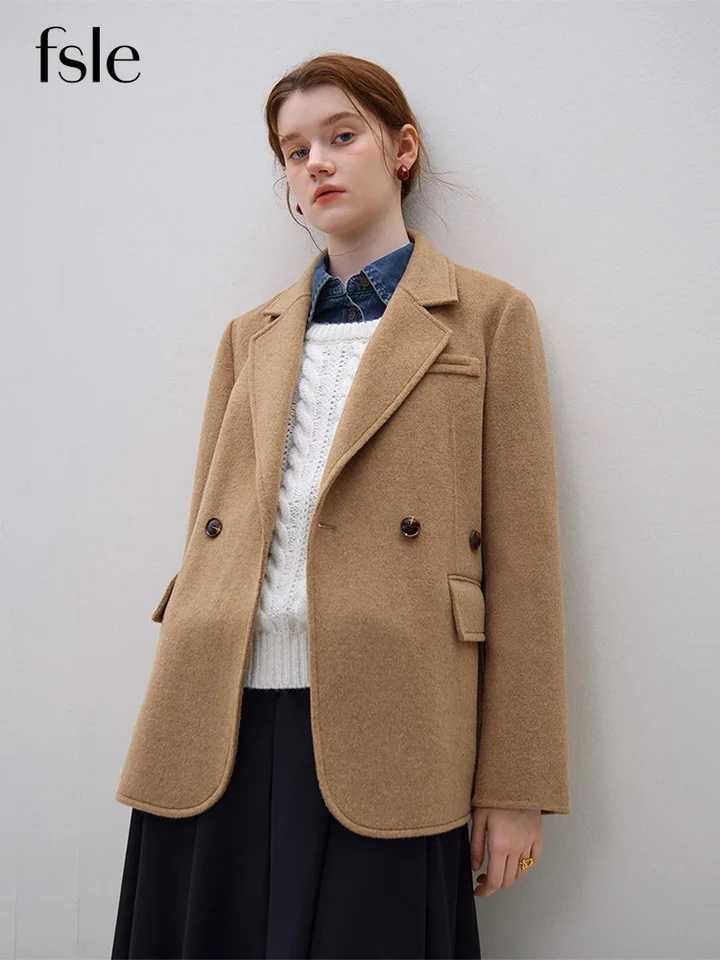 FSLE 100% vlna Ženy Blazer Blazer Batchets predné ramenné kancelária Lady Zimný temperament rovný dvojitý dojitý voľný vlnené vrstvy