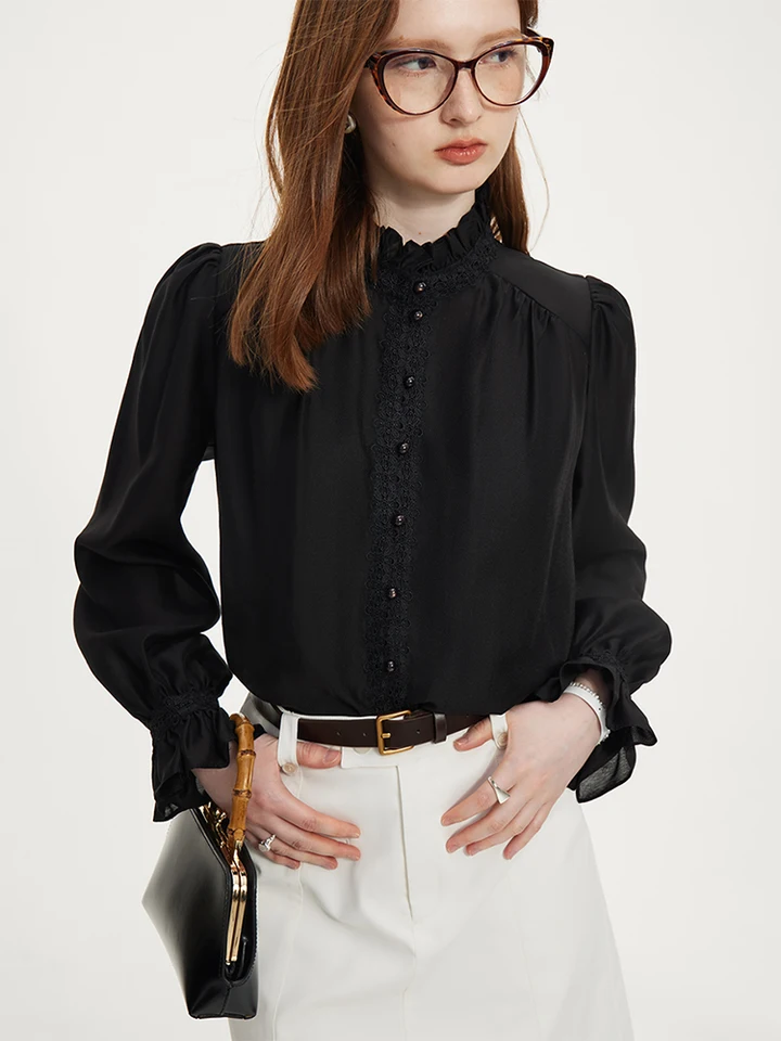 FSLE Dámske stojace košele obojok na jeseň Nové tričko s dlhým rukávom+tenká vesta Dve sady Puff Sleeve Black Blouses 24FS13190
