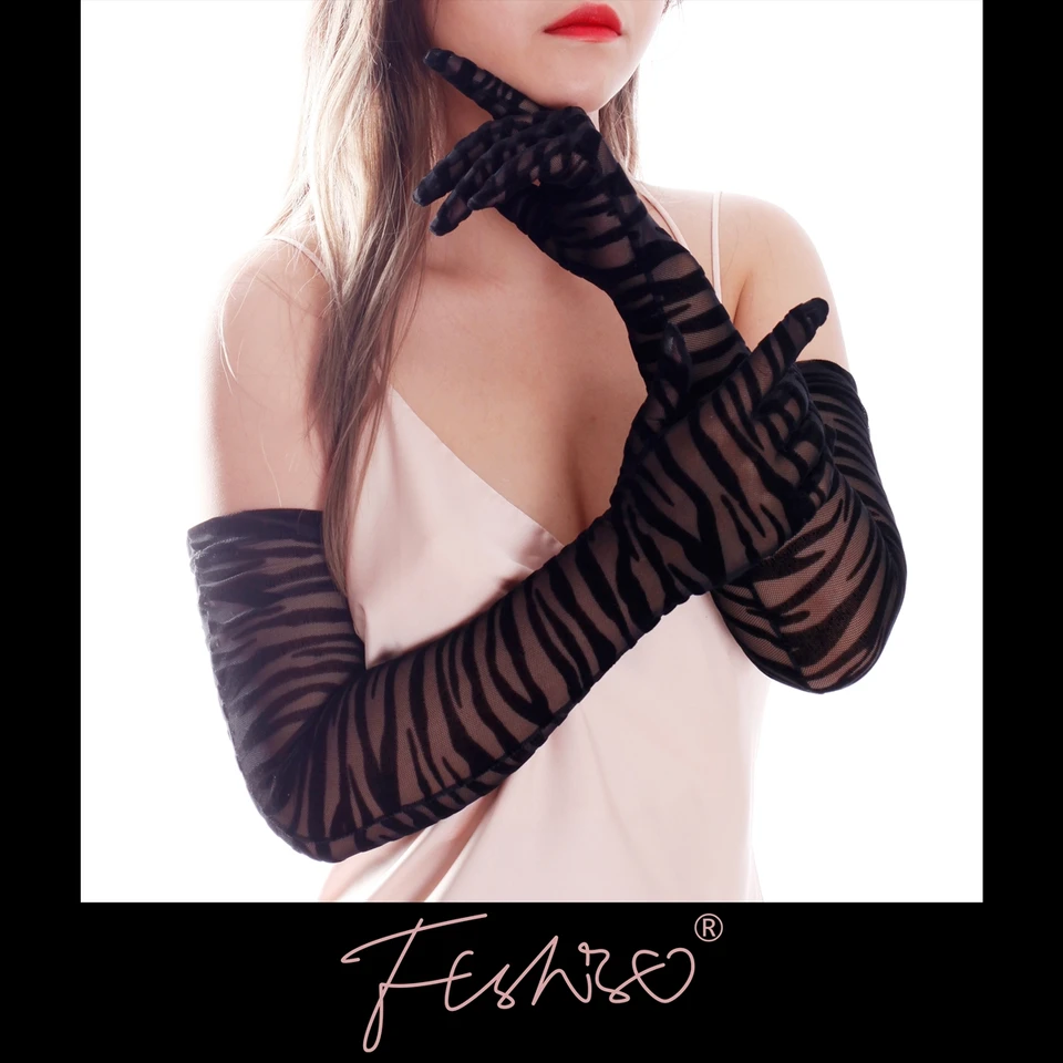 FTSHIST Sexy Flocked Dlhé rukavice Elastické čierne sieťové čipky leopard Transparentný vzor zebra tenké rukavice prom kostýmy doplnky