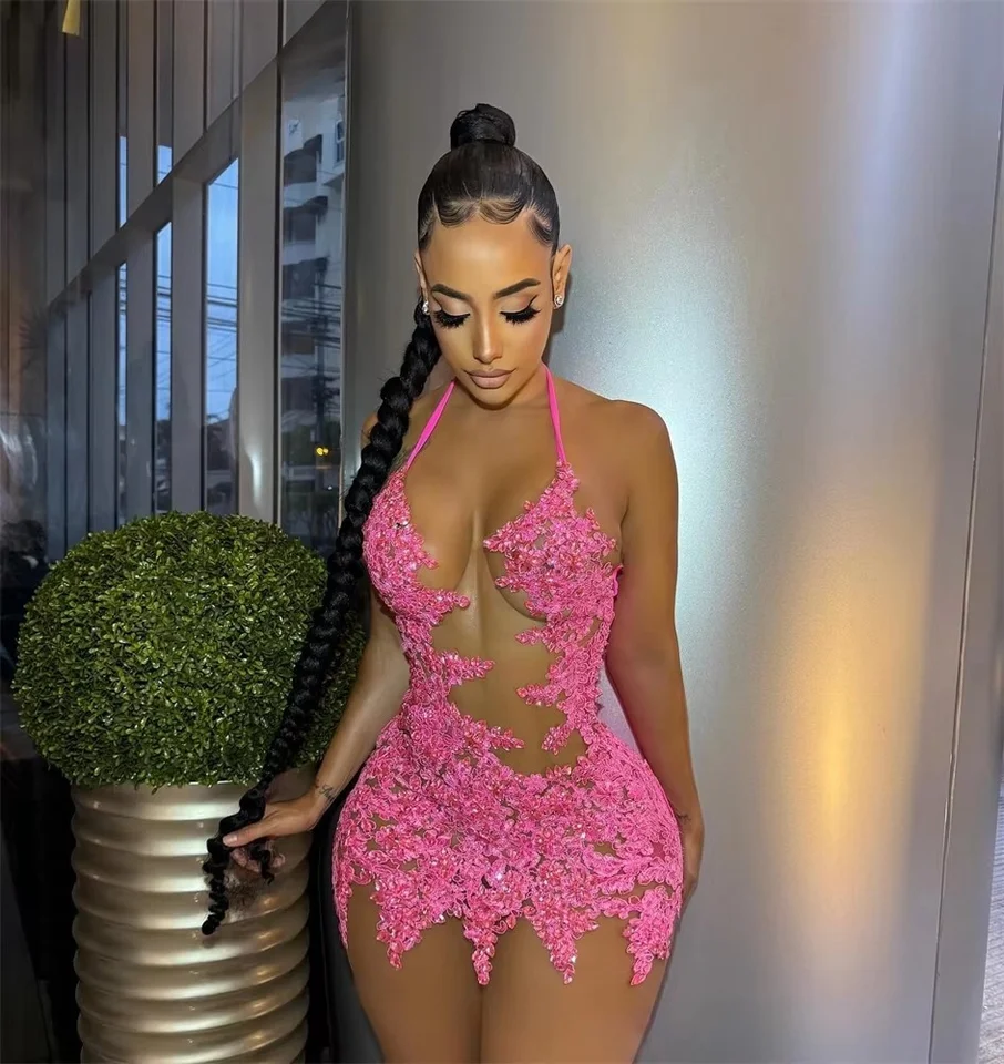 Fuchsia Appliques Prom Dayses Short for Black Girl Bead Crystal 2025 narodeniny luxusné šaty halter mini koktail prispôsobený