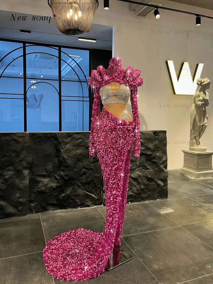 Fuchsia High Brck Sparkle Flitre Večerné šaty so striebornými kryštálmi sexy bočné štrbiny dlhé rukávy nočné večierky šaty na mieru vyrobené