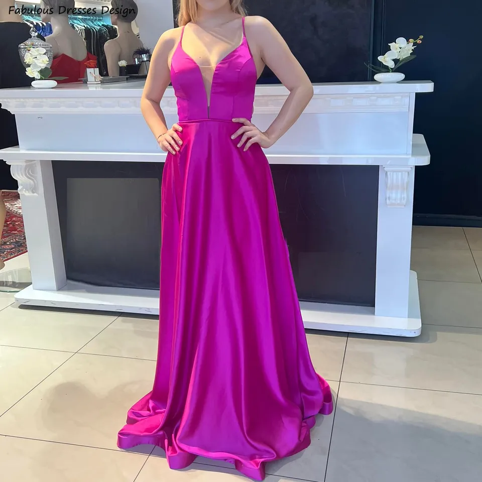 Fuchsia Long A-Line Satén družička Šaty Criss-Cross-Cross Backless Spaghetti Raips