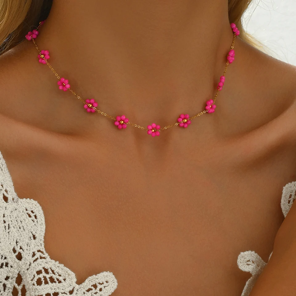 Fuchsia sklenené ručne vyrobené kvetinové kúzla Choker náhrdelník pre ženy