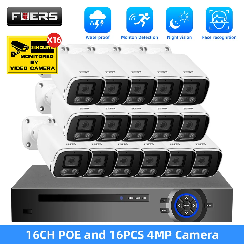 Fuers 16ch 4MP fotoaparátový systém videa sledovacia súprava na tvár záznam NVR Security Camera Outdoor Full Color Night Home Home