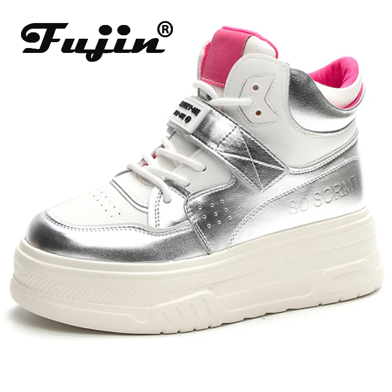 Fujin 5 cm kravy Originálne kožené korčule paluba vysokej značky podpätky Príležitostné stabilné módne ženy Vulkanizované topánky Platforma klinové topánky