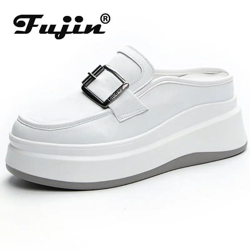 Fujin 7,5 cm Nová originálna kožená platforma klinové klinky Sandle Sneaker Dámske topánky Päty letné mokasínové dizajnérske topánky
