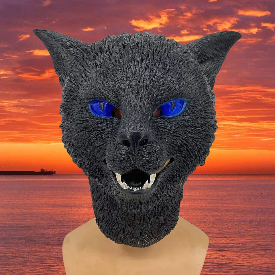 Full Head Latex Helma s Bule Eyes Halloween Horror čierna mačka maska ​​realistická strašidelná, zlá čierna leopardová hlava hlavy Funny Animal