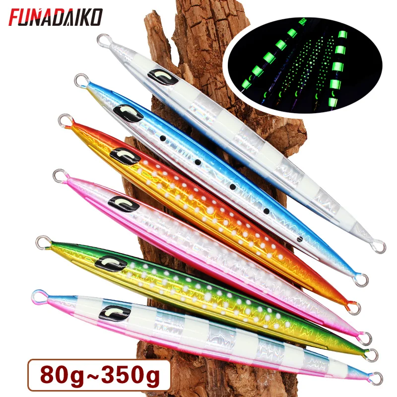 Funadaiko kovové vertikálne prístrešky Lures Glow Fishing Casting Jig Lure návnada rýb rybárske prípravky 80 g 100g 120 g 150 g slanej vody