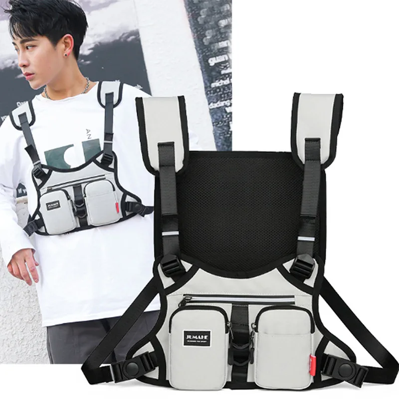 Funkčná vrecká na hrudi pre mužov Trend Reflex Bullet Hip Hop Vest Streetwear Bag Balíka unisex čierna hrudná súprava vrecko