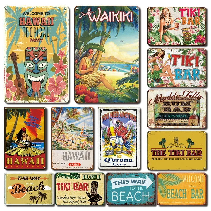 Funny Aloha Tiki Bar Tin Sign, Vintage Beach Bar, Pub Art, Wall Decor, Metal Taft, Retro Hawaii Beauty, Iron Painting Signs