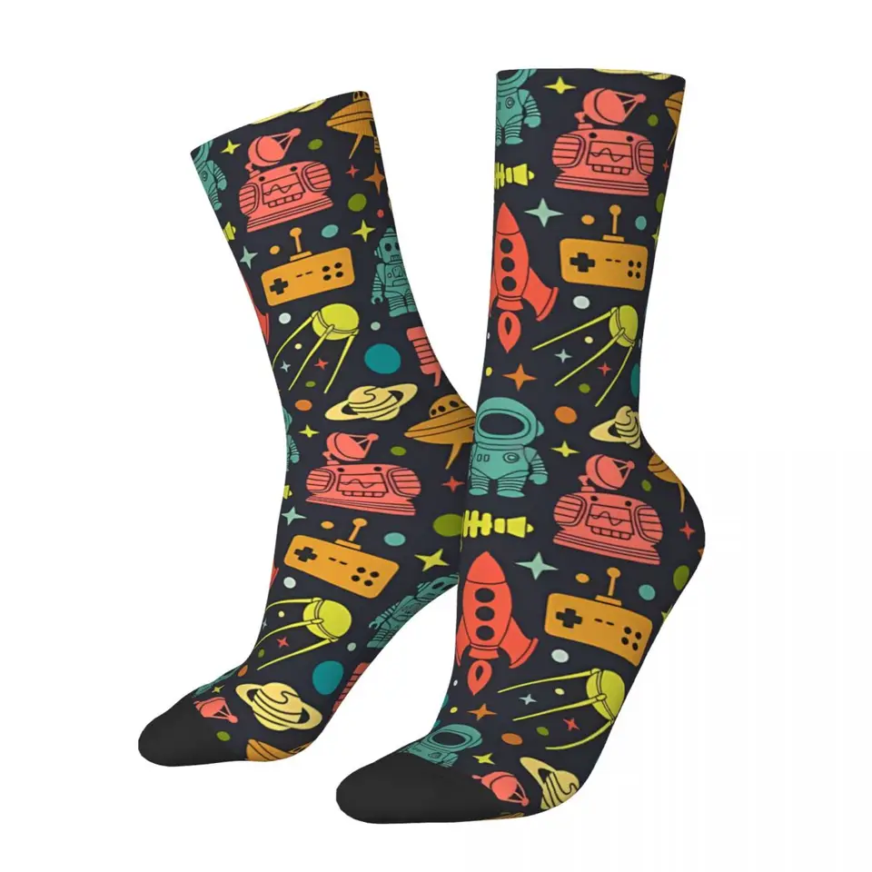 Funny Crazy Sock For Men Sci-Fi Robots a Space Vintage Alien a UFO Priedušný vzor Pretlačené posádky ponožky Príležitostný darček
