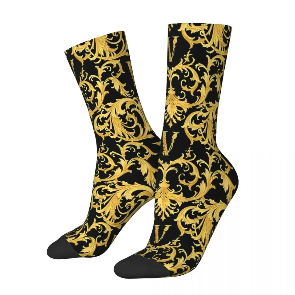 Funny Crazy Sock for Men Vintage Luxury Harajuku Golden Lion a Damask Quality Pattern Tlač posádky ponožky Príležitostný darček